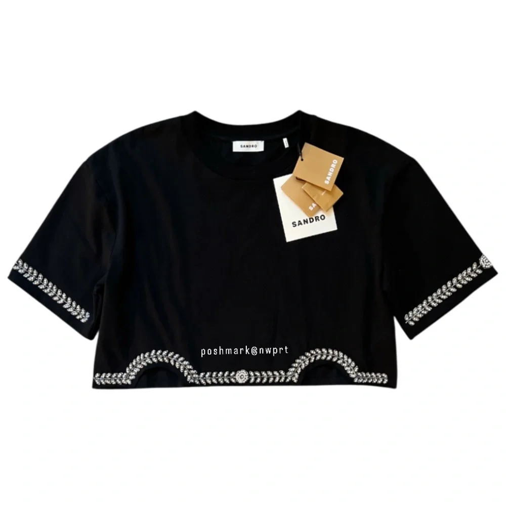 NWT ✨ SANDRO Rhinestone Tee T-Shirt Cropped Black 0 XS - Picture 5 of 14